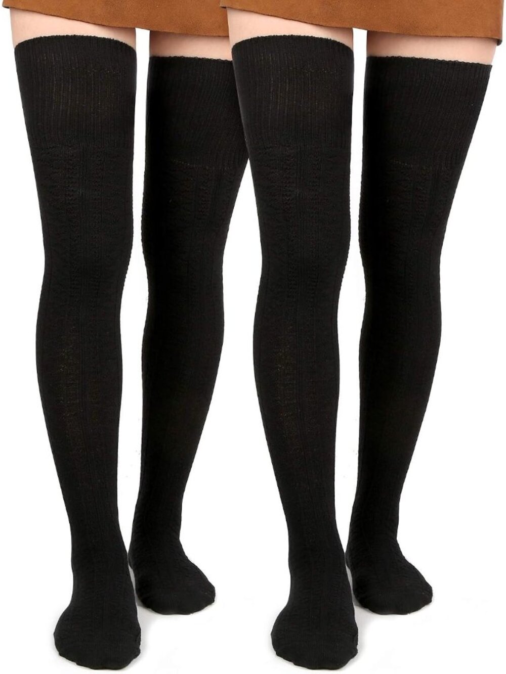 Women's 2 Pack Black Cotton Knit Stocking Over The Knee Thigh High Socks Boots